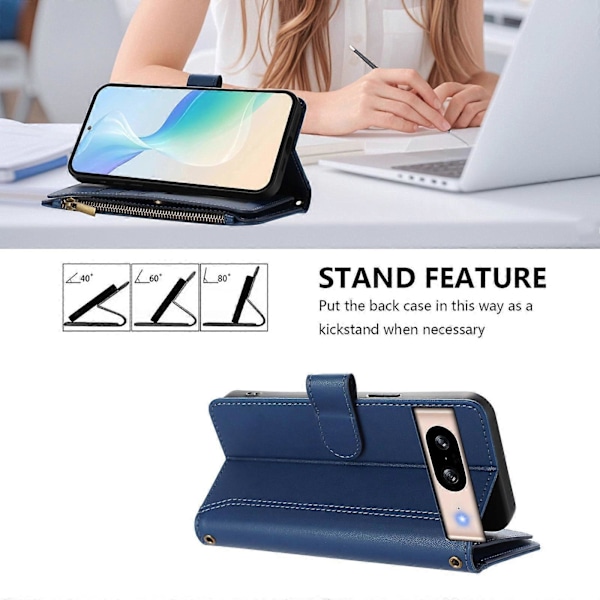 Magnetisk Stängning 9 Kortplatser Dragkedja Läderfodral med Handrem Dark Blue For Google Pixel 8