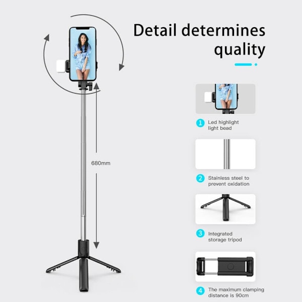 Bluetooth selfie stick stativ trådløs rotation 360 fjernbetjening er velegnet til mobiltelefoner.