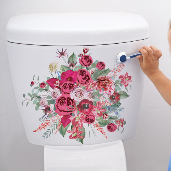 WC-tarra, vahva liima, elävä värinen kukka-aiheinen tarra, irrotettava seinätarra kotiin kylpyhuoneeseen