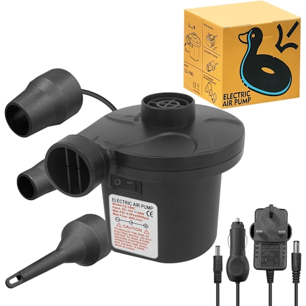 Elektrisk pump för uppblåsbara föremål med 3 munstycken, AC 240V/DC 12V 50W Hög effekt Elektrisk luftpump för luftmadrass uppblåsbara föremål, Fyll uppblåsare avblåsare