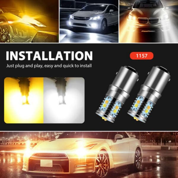 2x Hvit/gul Switchback LED Front Blinklys Parkerings DRL Pærer 7528 B