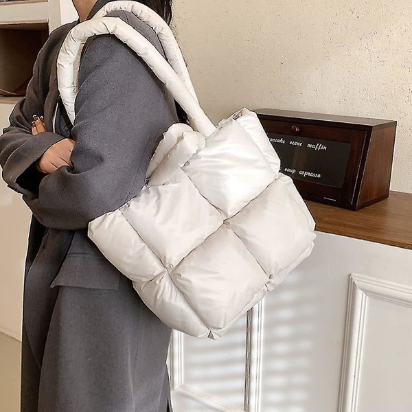 Letvægts Puffer Tote Pung Håndtaske Quiltet Dame Luksus Håndtaske Blød skuldertaske Multi-farve Valgfri White