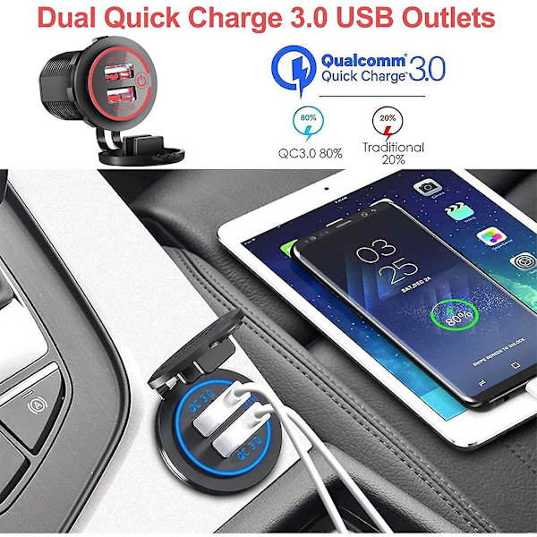 Qc 3.0 Dobbel USB Laderkontakt, vanntett 12V/24V USB Uttak Med Berøringsbryter For Bil, Båt, RV, Mo