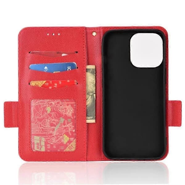 Etui til iPhone 16 Pro Max PU-læder med side-spænde, kortholder, pung og magnet Red