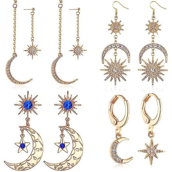 4 par Moon Gold øreringe Sun Star øreringe Boho øreringe Moon Dangle Drop øreringe Retro smykker til kvinder piger