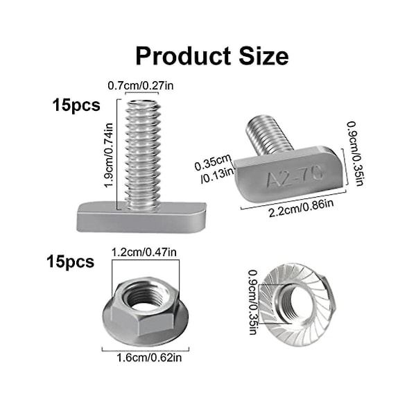 15 stk T-sporbolterstatning,m8 X 20 skruer, A2-70 skinneskinneskruer Spormuttere med 15 flensmutter