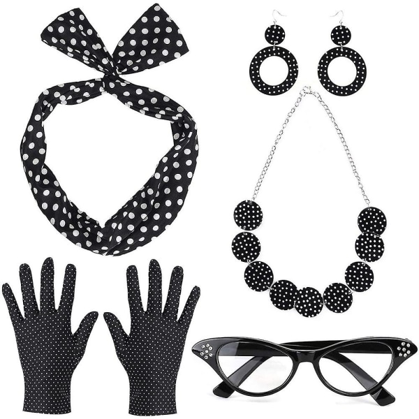 50-talet 60-talet Retro Kostym Accessoarer Set Dam Cat Eye Glasögon Bandana Slips Pannband Örhängen Halsband och Wave Point Handskar Black