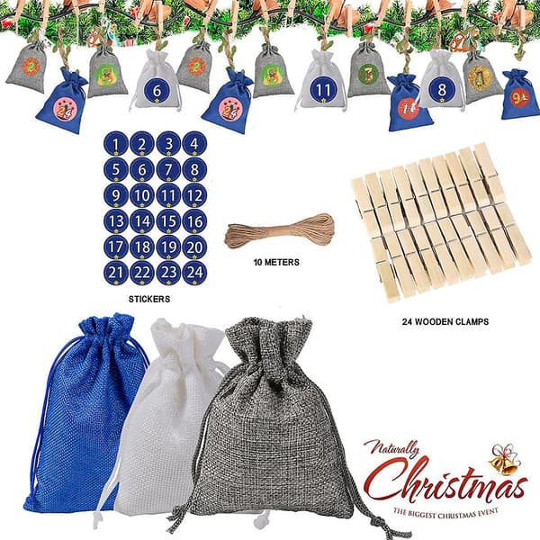 Julegaveidéer 2023 Julemønster Slikpose 1-24 Adventskalender Bundle Bomuld Linned Gavepose