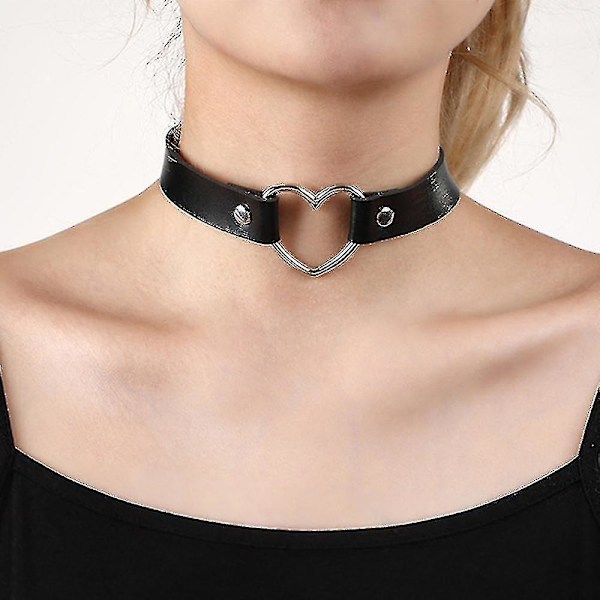 Sexy Choker Halskjede med Hjerteanheng for Kvinner - Gotisk Punk i Lær