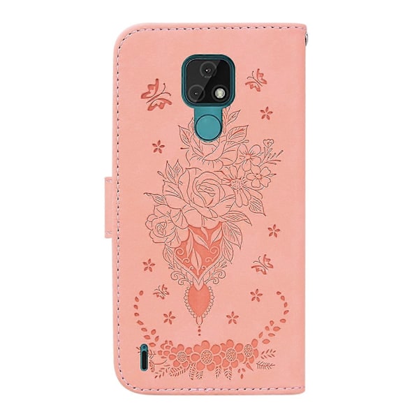 Til Motorola Moto E7 Sommerfugl Rose Præget Læder Telefon Cover Pink