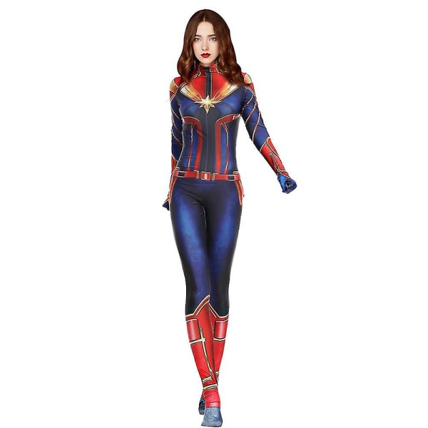 Captain Marvel Cosplay Jumpsuit Kvinder Kostume Halloween Party Fancy Dress Up Bodysuit S