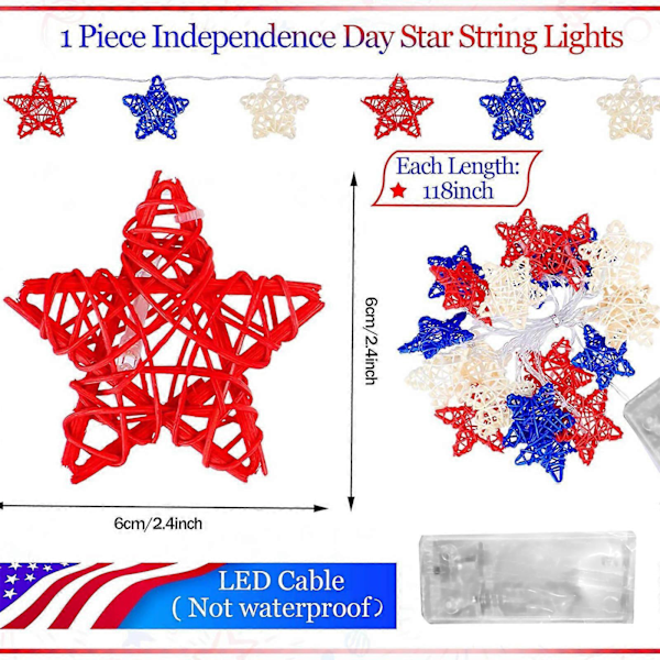 Julepynt Uavhengighetsdag Lyslenker Pynt Rattanstjerner Patriotiske Lys Batteridrevet LED Lyslenker Utendørslys For Meg A