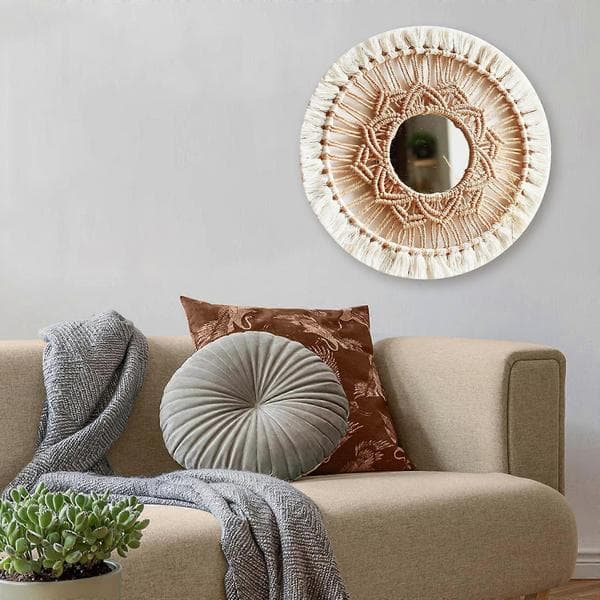 Hängande Väggspegel Makramé Frans Rund Boho Spegeldekor för Lägenhet Vardagsrum Sovrum