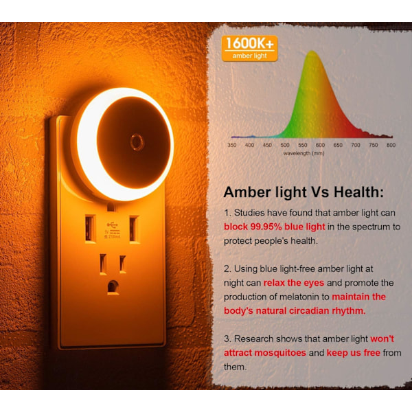 Amber Nattlys, Smart Lyssensor, LED Nattlys Plugg i Vegg, Diffust Lys, Energieffektiv, for Soverom, Bad, Kjøkken, Barnerom