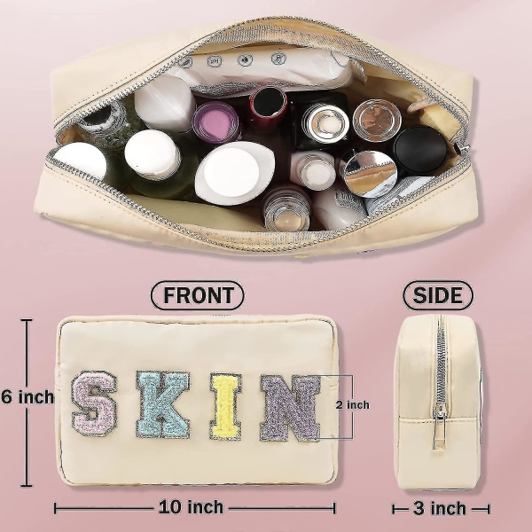 Nylon Vanntett Makeup Hudpleieveske - Dame Kosmetikkveske For Reise Og Organisering Utendørs Preppy Med Chenille Letter Patches For Dame Jenter Gif