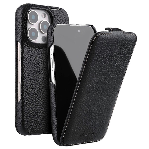 MELKCO iPhone 16 Pro:lle Magneettinen Kotelo Pystyflippaava Aito Nahka + PC Iskunvaimennus - musta