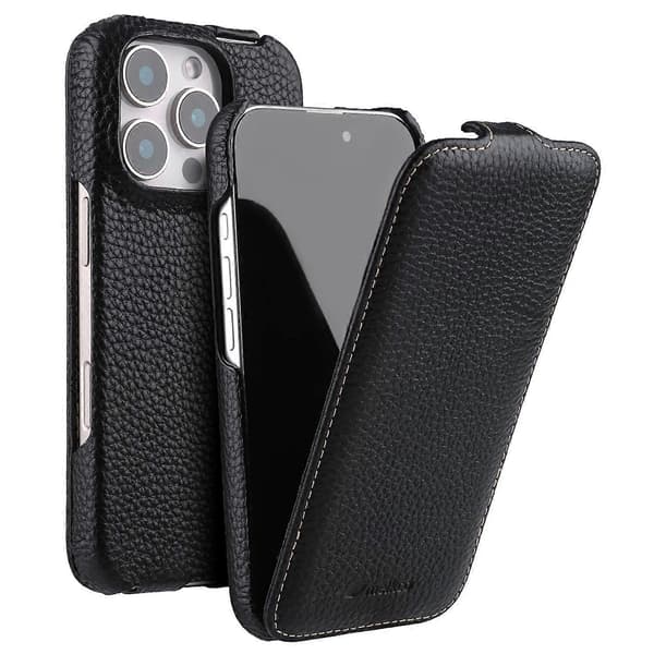 MELKCO Magnetisk Etui til iPhone 16 Pro - Lodret Flip, Ægte Ko-Læder + PC Stødsikkert Cover - Sort