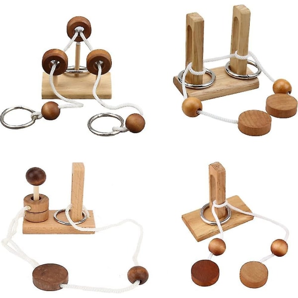 Hjärngympa Pussel Trä Trädningsrep Loop Pussel Luban Lås Hjärngympa Spel Vuxen Barn Leksak Pussel För Vuxna (4st)