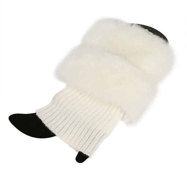 Kvinner Vinter Ankel Leg Warmers Heklet Strikket Pels Trim Boot Toppers Mansjetter Sokker White