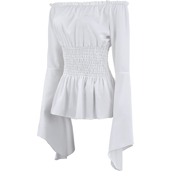 Naisten renessanssipusero Topit Korsetti vyötärövyö Keskiaikainen viktoriaaninen pitkähihainen paita merirosvo Cosplay-asut White Large