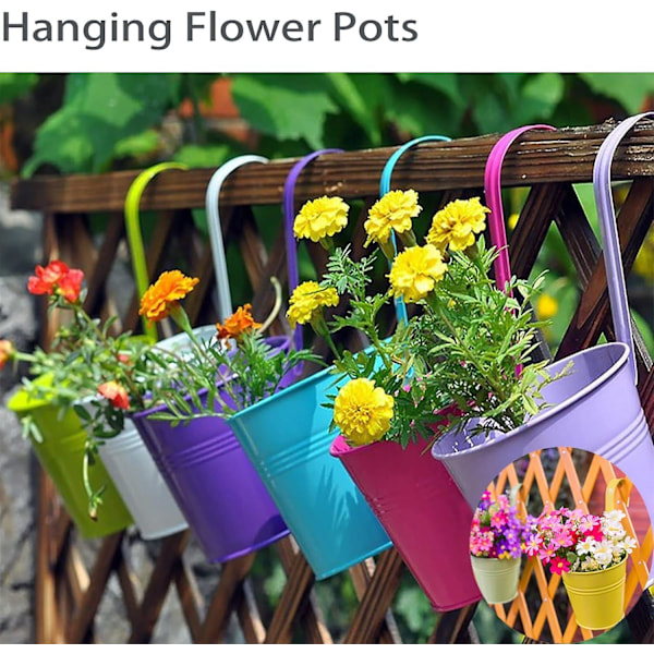 Sett med 10 metall blomsterpotter for oppheng med dreneringshull, avtakbar krok, assorterte farger 10x10x7cm Flerfarget
