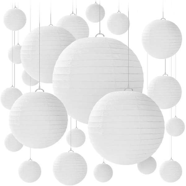 20 stk. Hvite Runde Papirlanterner Med Stålramme, Skjermer I Ulike Størrelser For Bryllup, Bursdager, Fester, Assorterte Størrelser 15, 20, 25, 30 Cm (hvit-2)