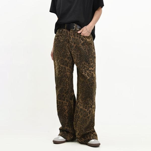 Bruna leopardjeans - Dambyxor i denim med vida ben - Leopardmönster leopardtryck leopard print M