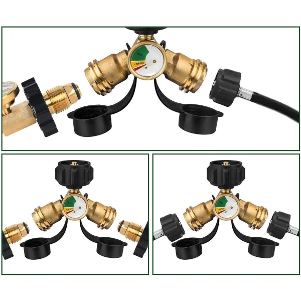 Propan Splitter Y-splitter Adapter Med Måler Solid Messing Lekkasjedetektor Gasstrykk