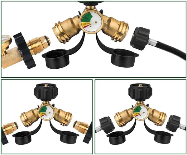 Propan Splitter Y-splitter Adapter Med Mätare Solid Mässing Läckagedetektor Gastryck