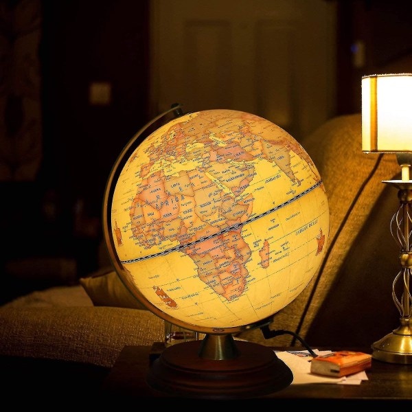 Oplyst verdensklode til børn med træstativ, indbygget LED til oplyst natudsigt antik globe