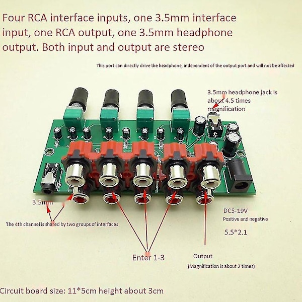 Multi-kilde Rca Mixer Stereo Audio Reverberator Audio Switch Switcher 4 Input 2 Output Driver Head