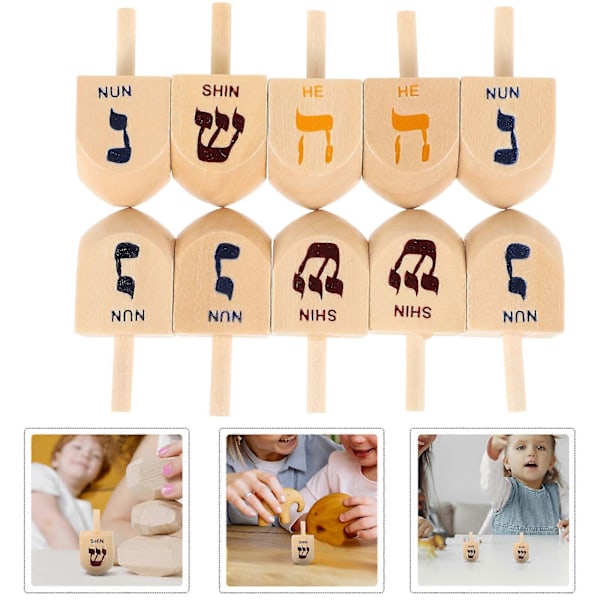 10 stk Hanukkah Treidel i Tre - Klassiske Spinnende Topper for Barn - Hanukkah Treidel - Hanukkah Festtilbehør og Dekorasjoner Multi 4.00X2.00X1.80CM