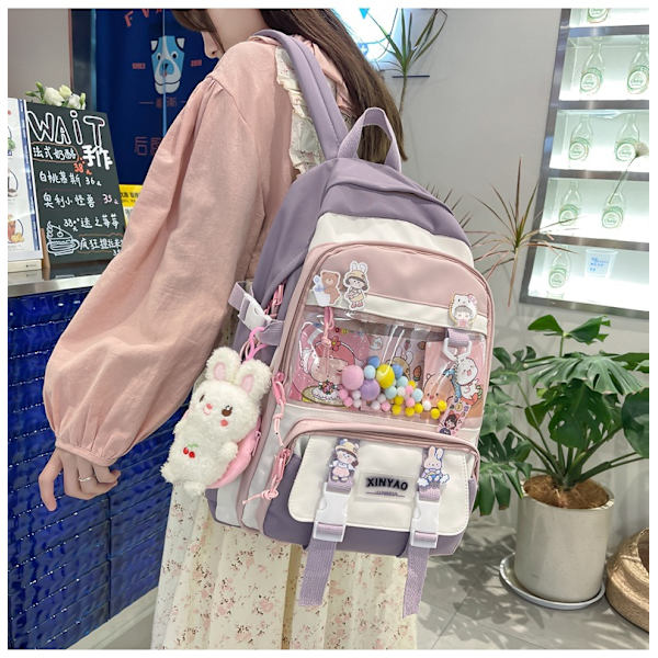 Ryggsäck med söt kort plyschhänge Kawaii skolväska vacker ryggsäck flicka skolväska skolmaterial Lila