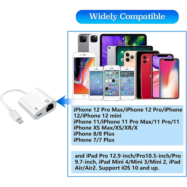 Lightning til Ethernet-adapter, [kompatibel med Apple Mfi-sertifisert] 2-i-1 Rj45 Ethernet Lan-nettverksadapter med ladeport, plug and play, støtte