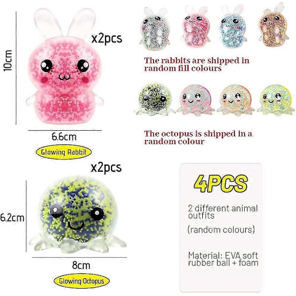 4 kpl Antistress-puristuspallo, Puristuspallo, Valopallo stressin lievitykseen, Stressilelu, Stressipallot, Stressipallo lapsille, Valoisa