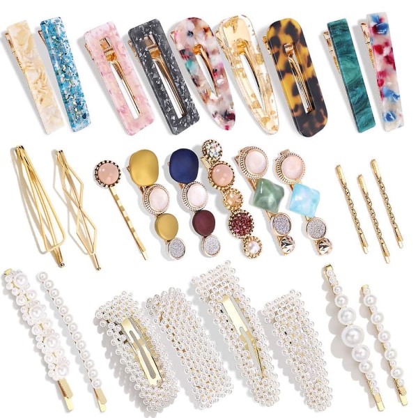 28 stk perler og akrylharpiks hårspænder, håndlavede hårspænder, marmoralligator Bobby-nåle, glitterkrystal geometrisk hårnål, elegant guldhår