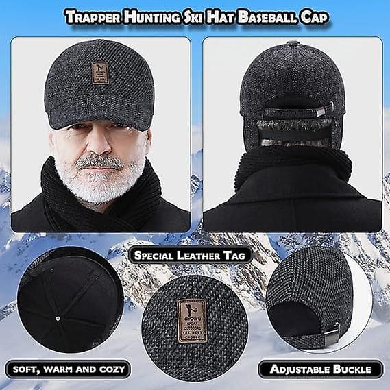 Baseballcaps med øreflapper Ull Vintercaps Ull Varme Vinter Baseballcaps Varme Caps, mørk grå