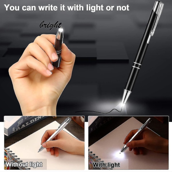 4 stykker lysende spiss penn metall kulepenn med lysende led opplyst penn svart inn