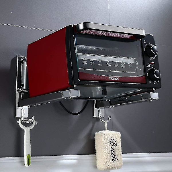 Mikrovågsugnsfäste i rostfritt stål 304 med teleskopiska armar och krokar, universellt väggfäste för mikrovågsugn, grillugn upp till 40 kg, väggmontering