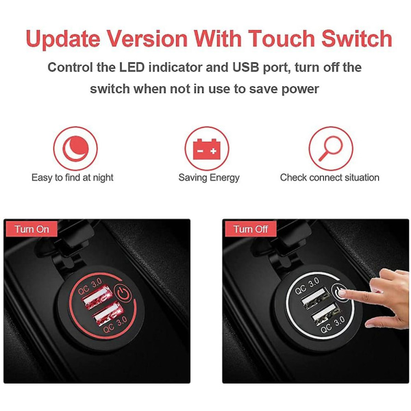 Qc 3.0 Dobbel USB Laderkontakt, vanntett 12V/24V USB Uttak Med Berøringsbryter For Bil, Båt, RV, Mo