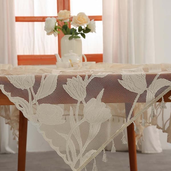 Simpel dug med kvaster, rektangulær lysedug til hjemmet, ikke-vaskbar kaffebordsdug, beige, 140*180cm