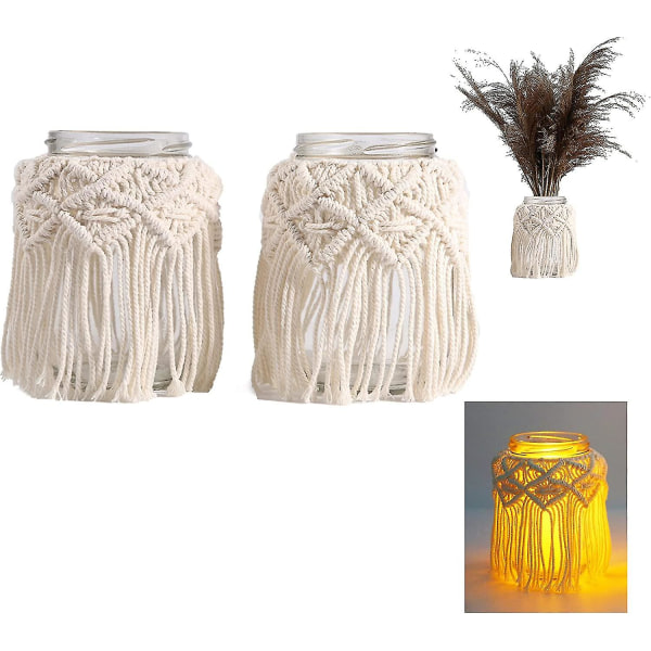 Ljusstake Makramé Girlang, Lyktor Dekorativa Ljus, Beige Boho Dekoration Balkong För Ljus Och Torkade Blommor (a) Hs
