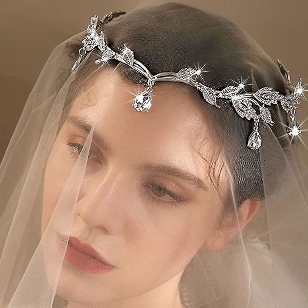 Brud Bröllop Pannband Kristall Huvudkedja Drop Pendant Headpiece Löv hårtillbehör för kvinnor och flickor