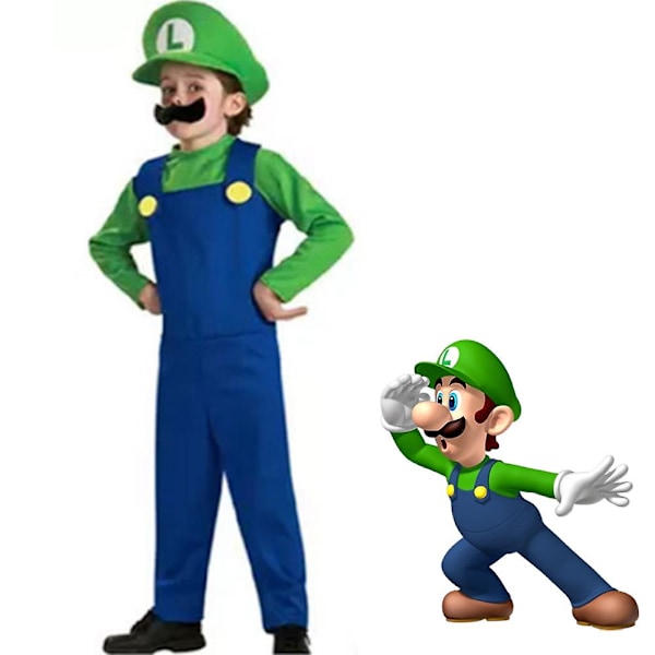 Halloween Super Mario Bros VVS Luigi Cosplay Kostume Sæt Fancy Dress Up Outfit Fest Rolle Spil Performance Dragt Til Voksne Mænd Kvinder Børn Dreng Pige Boy Green 7-8 Years