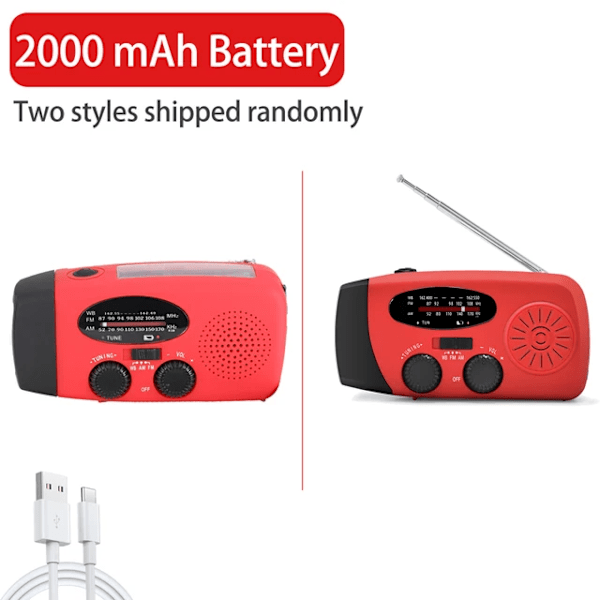 2000 mAh nødradio med LED-lampe, USB solcellelading, bærbar oppladbar FM/AM-radio for utendørs reiser.