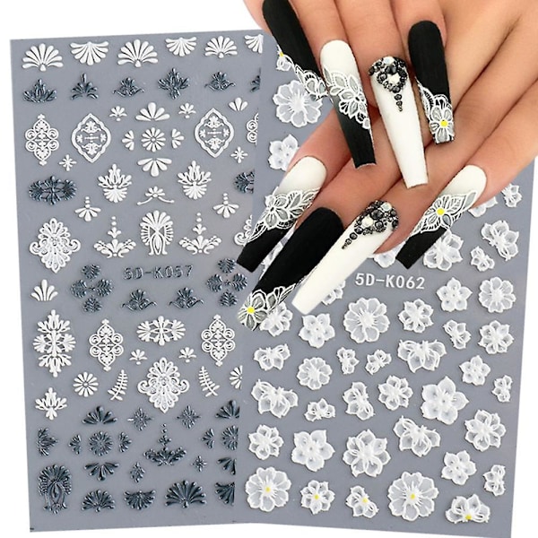 5d 3d Embossed Nail Art Sticker Hvit Blomst Embossed Selvklistrende Negle Design Damer Diy Nail Art Dekorasjon shape2