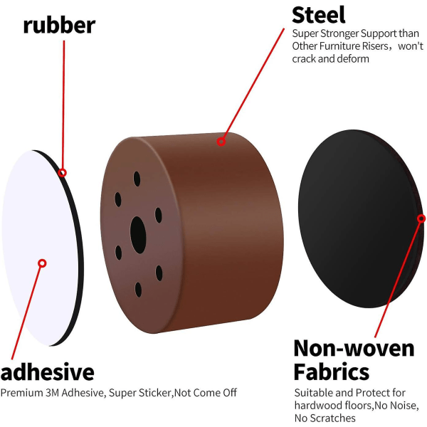 2" karbonstål møbelstige, 3,15" i diameter selvklebende møbelstige gir 2" høyde til senger sofaer skap støtter 20 000 pund rund brun