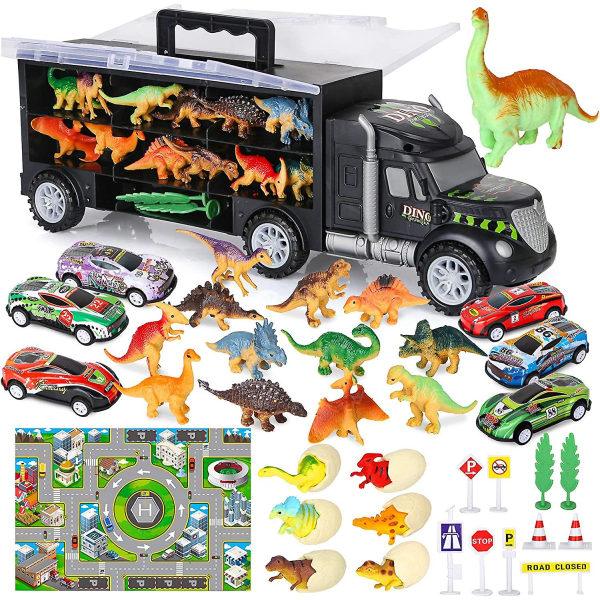 Dinosaurielastbilsleksaker Car Transporter Carrier Set Inkluderar dinosauriefigurer och ägg