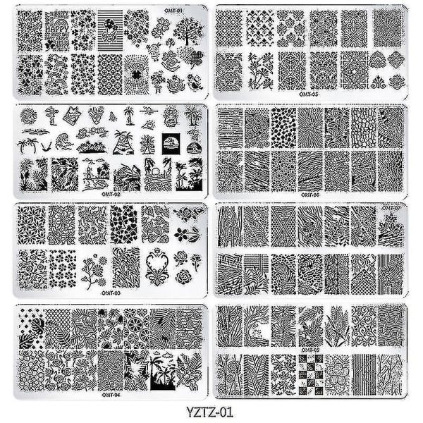 Sett med 10 neglestanseplater med silikonklar stempel og skrape - med blomster og geometriske mønstre for neglekunststempling, manikyrkunst