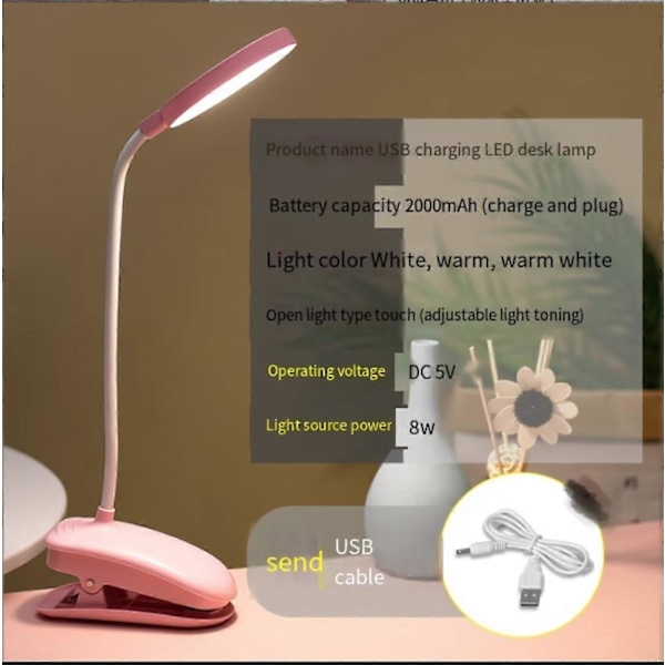 Skrivebordslampe med klemme for barn, batteridrevet lampe med klemme for seng med 3 lysstyrkenivåer, USB-oppladbar leselampe, øyevennlig LED-bordlampe for jenter og gutter